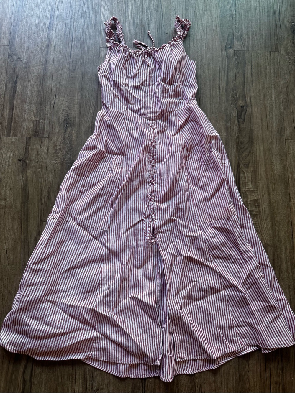 Reformation linen red and white striped button down midi dress size 4